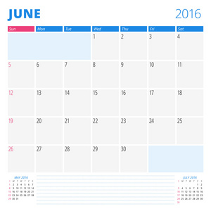 2016 年 6 月的日历模板。周从星期日开始。规划设计打印模板。矢量日历。文具设计