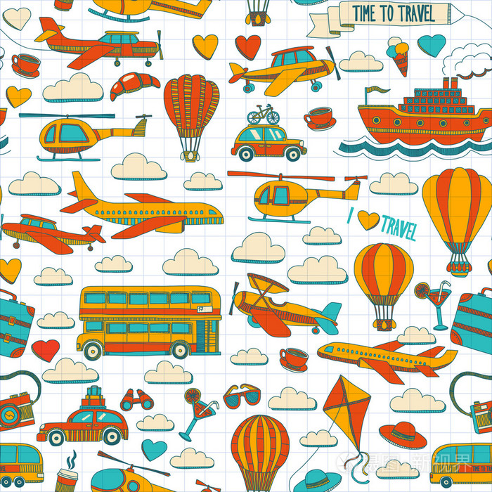 旅行和运输车飞机直升机气球船矢量涂鸦集