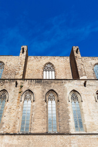 在西班牙，巴塞罗那，加泰罗尼亚大教堂圣玛丽亚 del Mar 加泰罗尼亚哥特式风格的立面