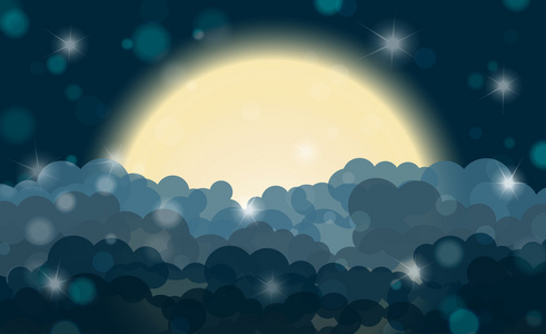 卡通青色的夜晚闪耀着多云的天空和月亮. 矢量插图照片