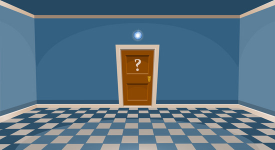 秘密门卡通秘密的门的概念.空房间的大门在蓝色风格.矢量图照片