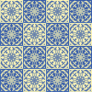 手绘瓷砖无缝模式在蓝色和黄色的颜色
