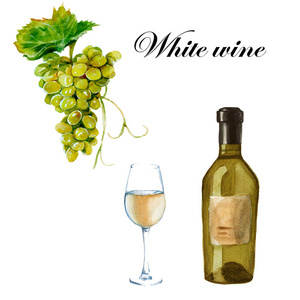 白葡萄酒。一瓶 玻璃和一串葡萄。孤立。W