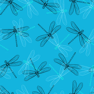 手工绘制的程式化的蜻蜓无缝模式