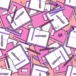 粉红颜色的书模式 笔记本 笔 矢量无缝模式学习教育和办公室工作