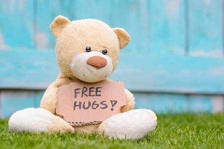 泰迪熊拿着纸板与信息免费拥抱