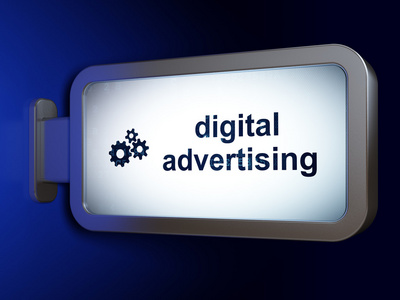 广告的概念 数字广告和齿轮的广告牌背景
