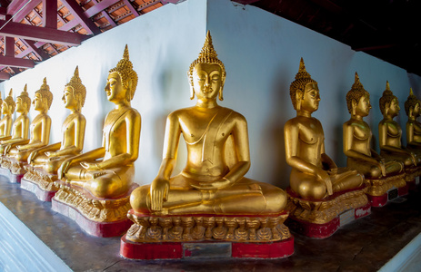 泰国寺庙中的金佛像，它们是泰国的公共寺庙。 左边是高键，右边是低键