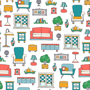 矢量无缝图案与手绘彩色家具. 帕特照片