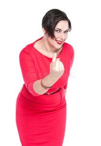 美丽的加上大小的女人与招手的手势隔离照片