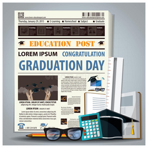 教育和毕业报纸用铅笔眼镜文具铺在一起