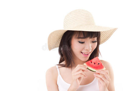 女士 饮食 甜瓜 成人 美味的 美女 假日 帽子 水果 美丽的