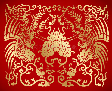中国风蓝色背景中国传统复古两只凤凰照片