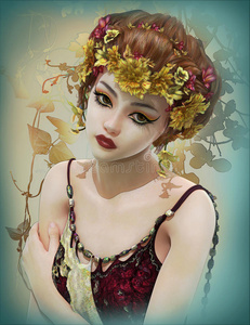肖像 迷人的 联邦航空局 艺术 发型 花环 精灵 面对 仙女