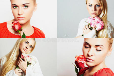 时尚拼贴。 一群漂亮的年轻女人。 性感的女孩带着花。美丽的金发女人带着玫瑰。女孩和玫瑰