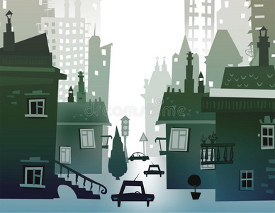 城市背景由许多建筑轮廓构成照片