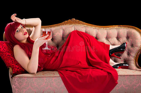 美丽的 女士 可爱的 饮酒 优雅 铺设 洛可可 肖像 连衣裙