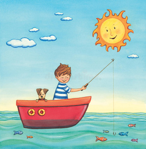 的人卡通老人钓鱼卡通钓鱼钩中国风景观风光钓鱼钓鱼的人在湖上航行