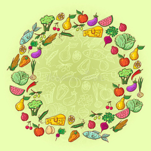 自然 玉米 甘蓝 茄子 饮食 樱桃 绘画 插图 橄榄 苹果