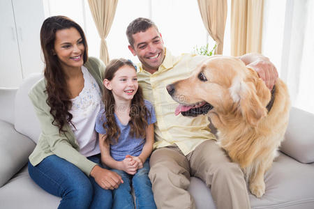 一家人在沙发上看着金色的猎犬