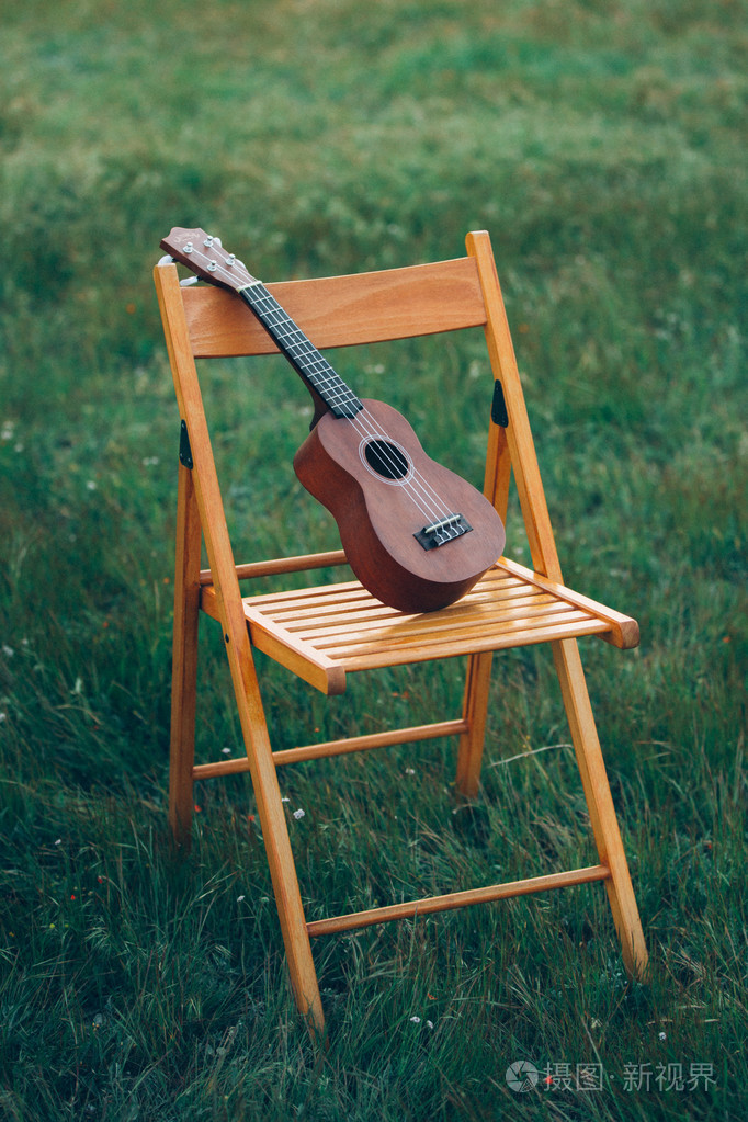 小吉他站在大自然的草地上椅子上