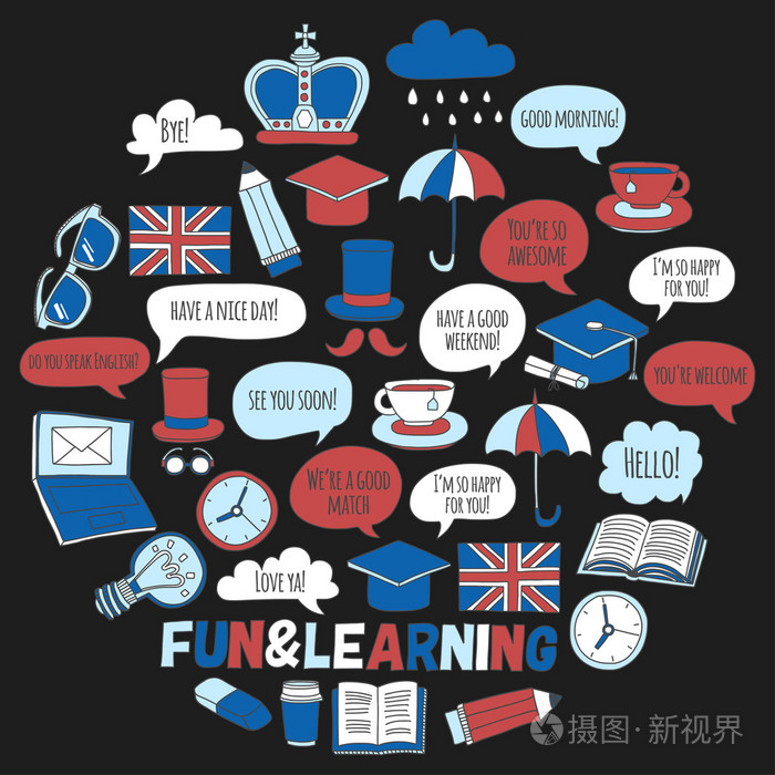 向量组的涂鸦图案和图标的英语课程语言学校