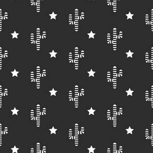 仙人掌沙漠的黑色和白色无缝模式.条纹的仙人掌星星照片