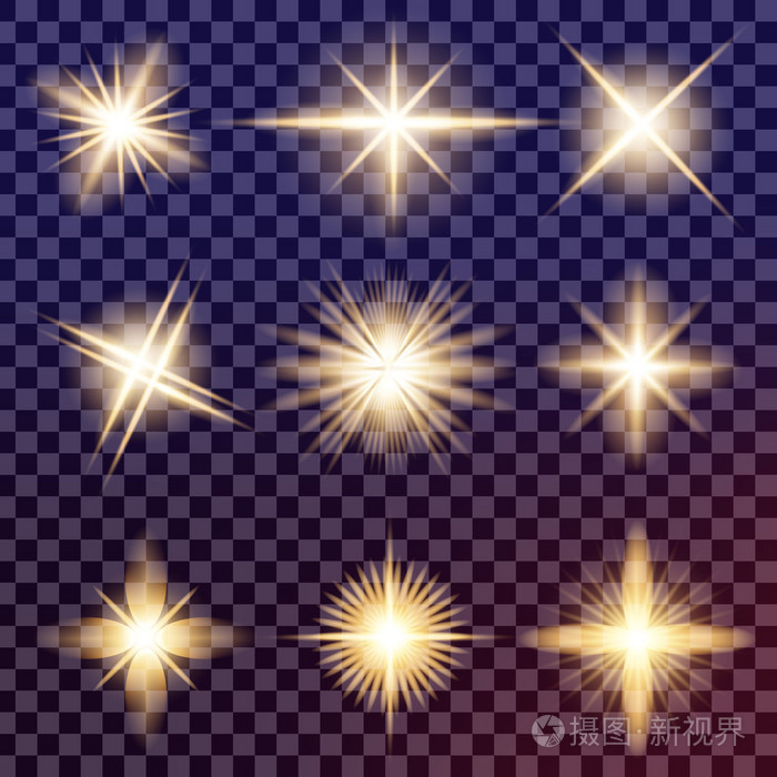 创意概念向量集的发光光效果孤立在黑色背景上闪烁着星星阵阵.