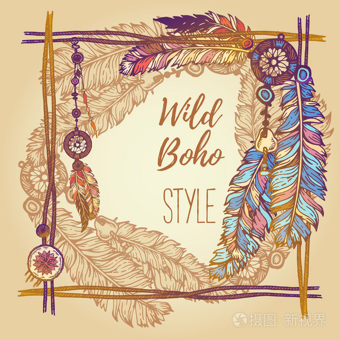 民族的框架.波西米亚风彩色矢量图.夏天的 t 恤设计