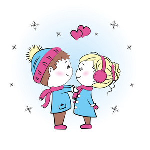 卡通迎接爱的男孩和女孩站面对面,情人节的时候迎接照片