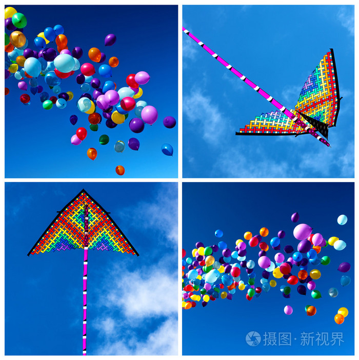 一整套各种色彩缤纷的风筝和飞行气球