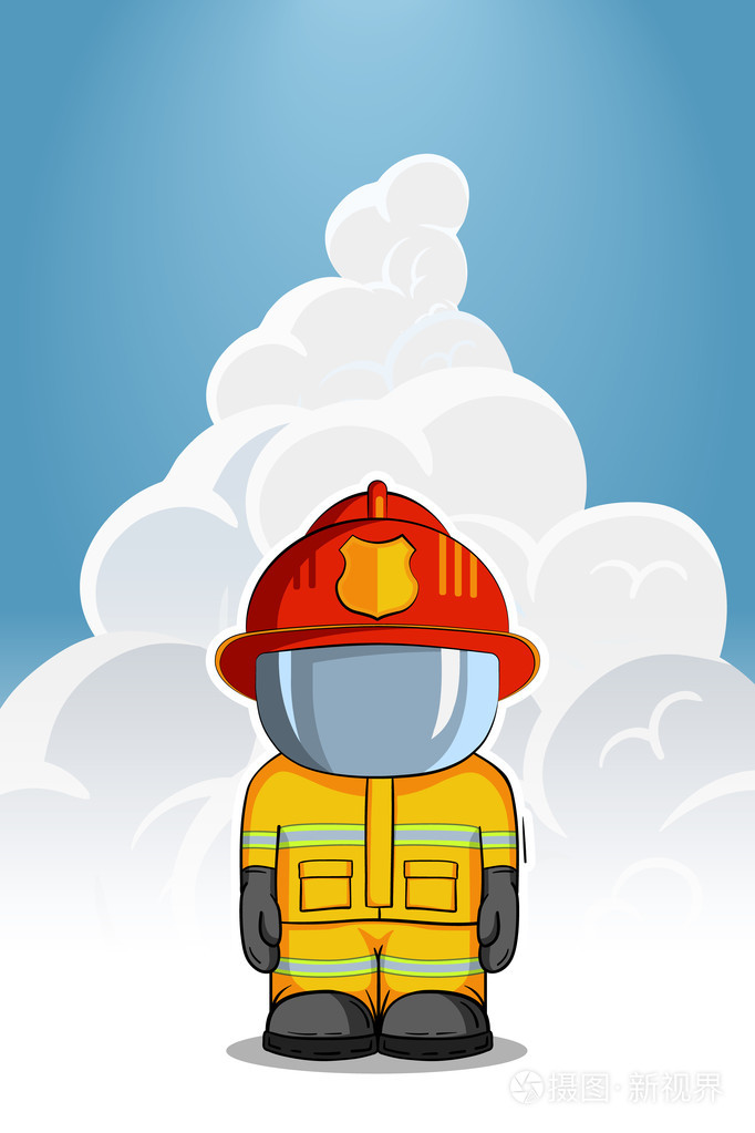 矢量手绘制的插图.孤立的性防护服站的消防队员.在蓝色的背景上抽烟.