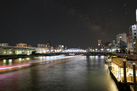 浅草通桥跨越隅田川在夜景和图片