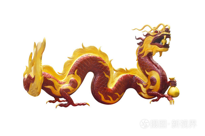 中国木雕刻龙红色和金色颜色隔离在白色背景上