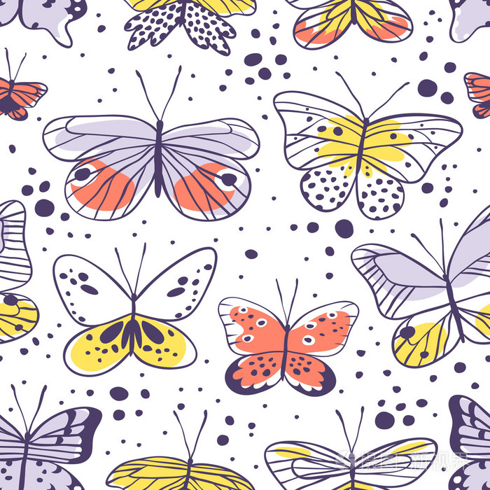 用蝴蝶的无缝模式.手绘矢量图.设计的装饰元素.黑色的轮廓绘图.