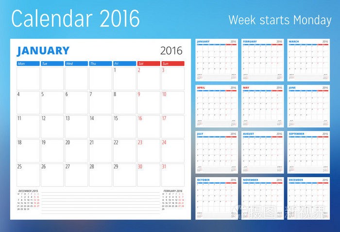 2016 年的日历。计划模板。矢量设计打印模板。每周星期一开始。12 日历页集。文具设计