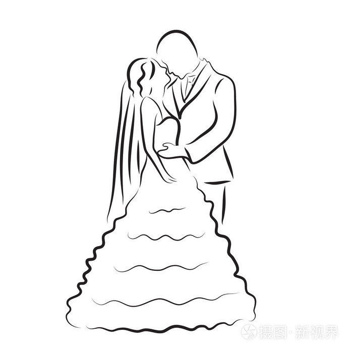 剪影的新郎和新娘,新婚夫妇素描手绘图, 婚礼邀请,矢量图插画-正版