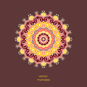 观赏七彩花曼陀罗,手绘制几何图案在东方风格.葡萄酒, 黄, 红颜色.