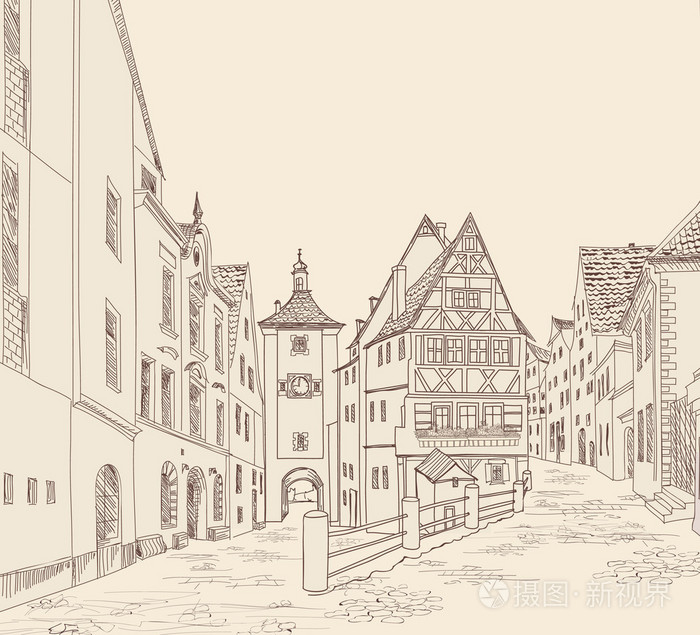 在古老的欧洲城市中的建筑物街插画-正版商用图片1ob6nh-摄图新视界