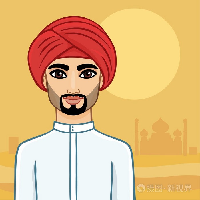 一个留着胡子在沙漠背景上传统头巾的阿拉伯男子的动画肖像