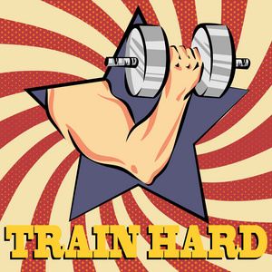 锻炼, 健身, 健美体育图标.创意矢量卡通风格海报.复古射线背景照片