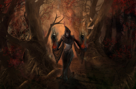 白衣黑黑暗精灵公主在黑暗的森林照片