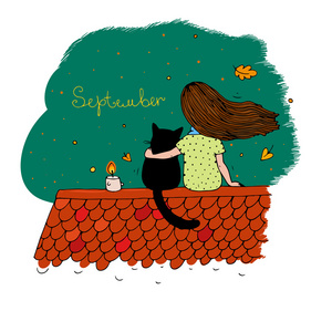 女孩和一只猫在屋顶上照片