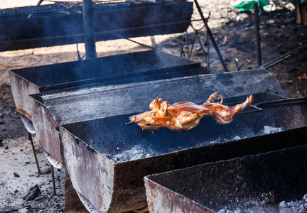 热肉肉烤小猪肉, 猪头在桌上餐馆里的烤猪和羊肉架上从道路上街头