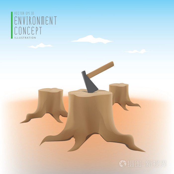 砍伐森林的环境问题许多树桩和斧头