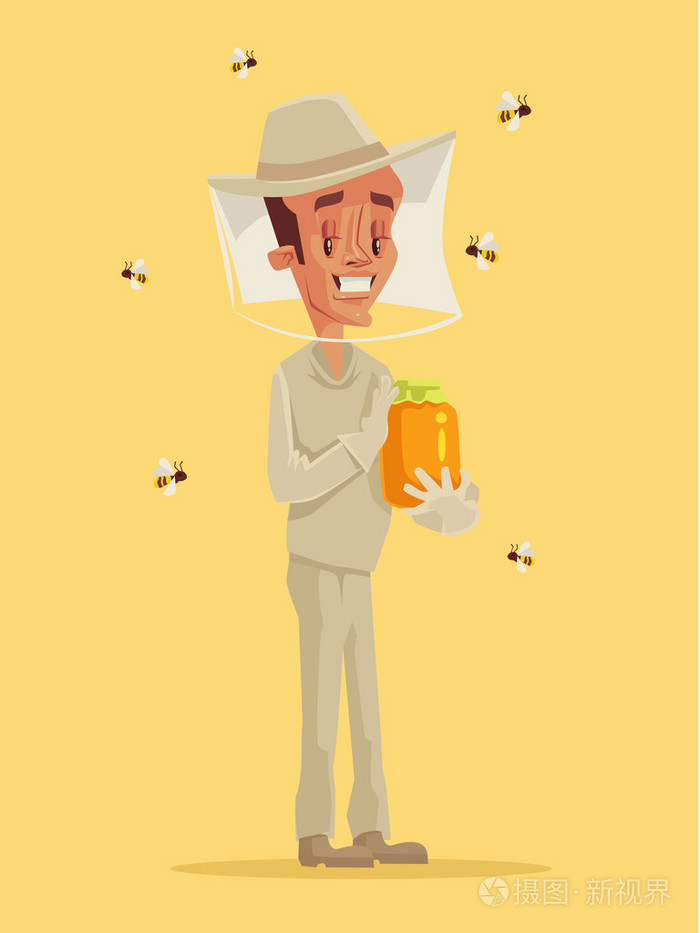 养蜂人特别诉讼中的举行蜂蜜的罐.矢量平面卡通插画
