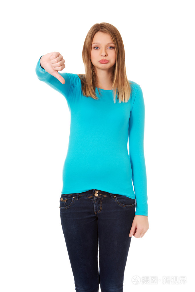 不满意的女学生大拇指向下