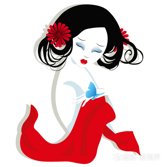 美丽的艺伎,穿着红色的插图.非常温柔和热情