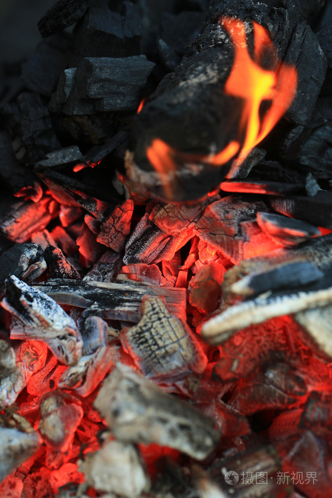 在火中燃烧的木炭
