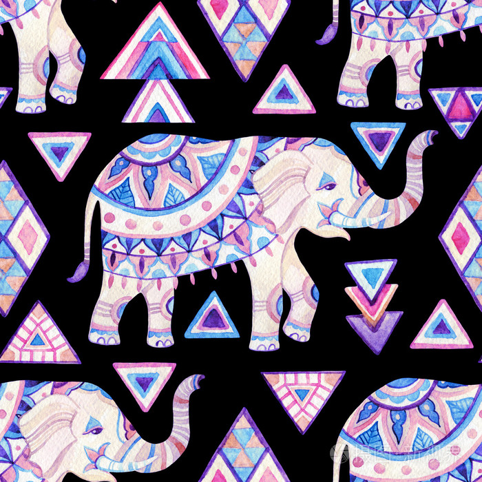 印度大象水彩部落元素无缝图案